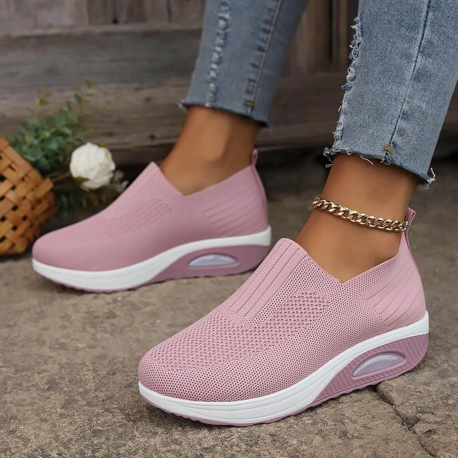 Women's Fashion Sneakers Elastic Fly Woven Mesh Shoes Breathable Solid Shoes Air Cushion Sole Cushion Shoes