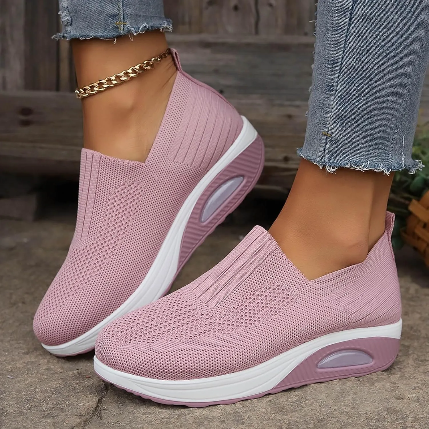 Women's Fashion Sneakers Elastic Fly Woven Mesh Shoes Breathable Solid Shoes Air Cushion Sole Cushion Shoes