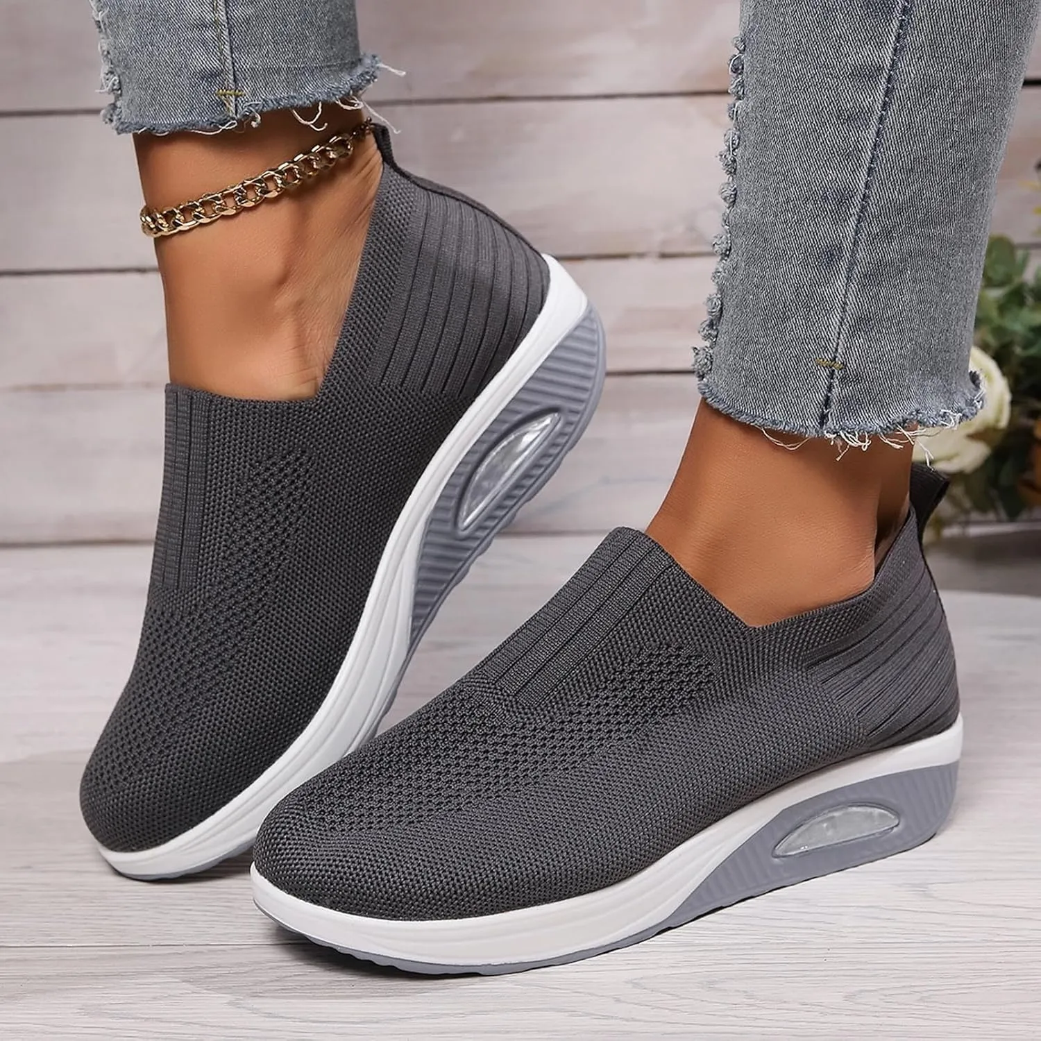 Women's Fashion Sneakers Elastic Fly Woven Mesh Shoes Breathable Solid Shoes Air Cushion Sole Cushion Shoes