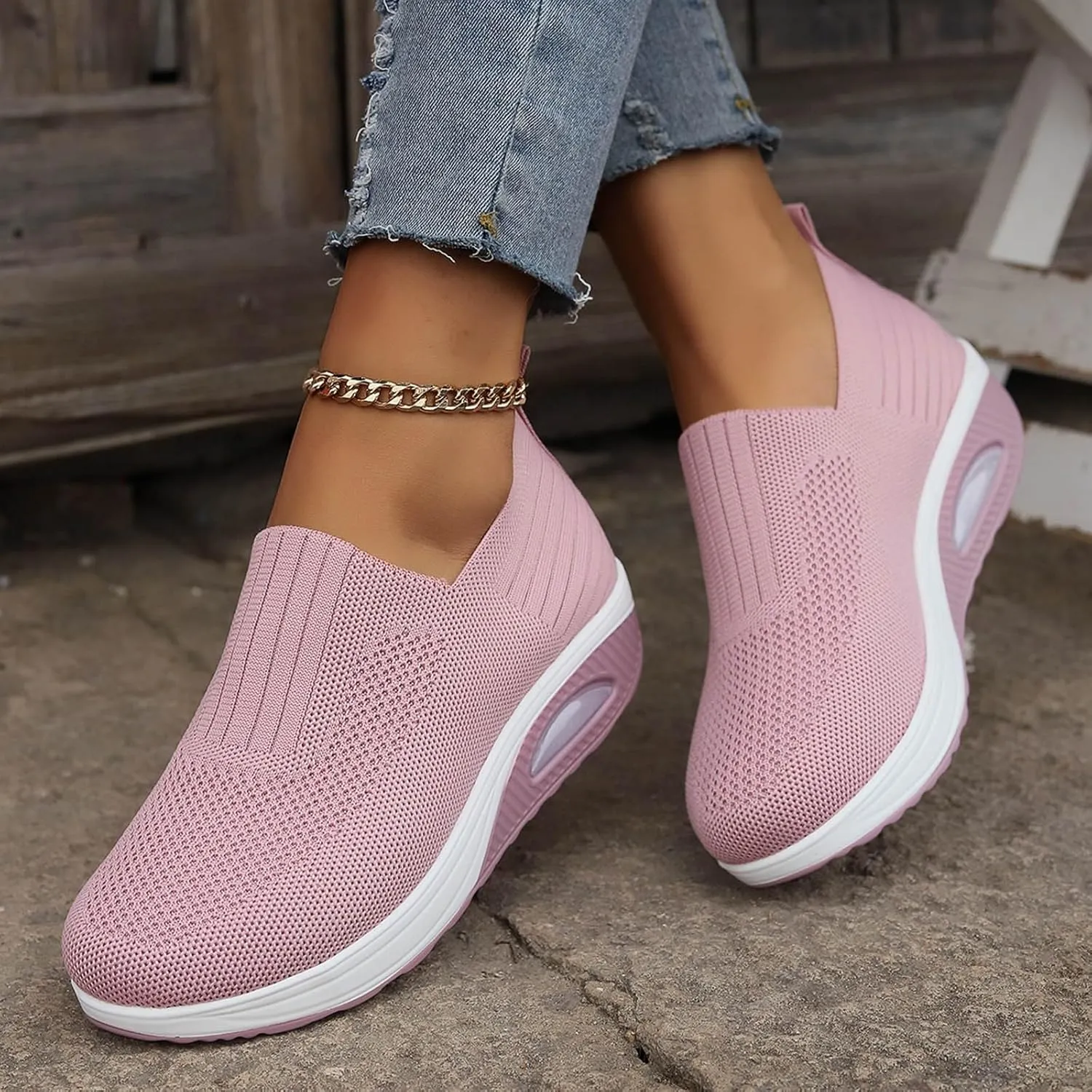 Women's Fashion Sneakers Elastic Fly Woven Mesh Shoes Breathable Solid Shoes Air Cushion Sole Cushion Shoes