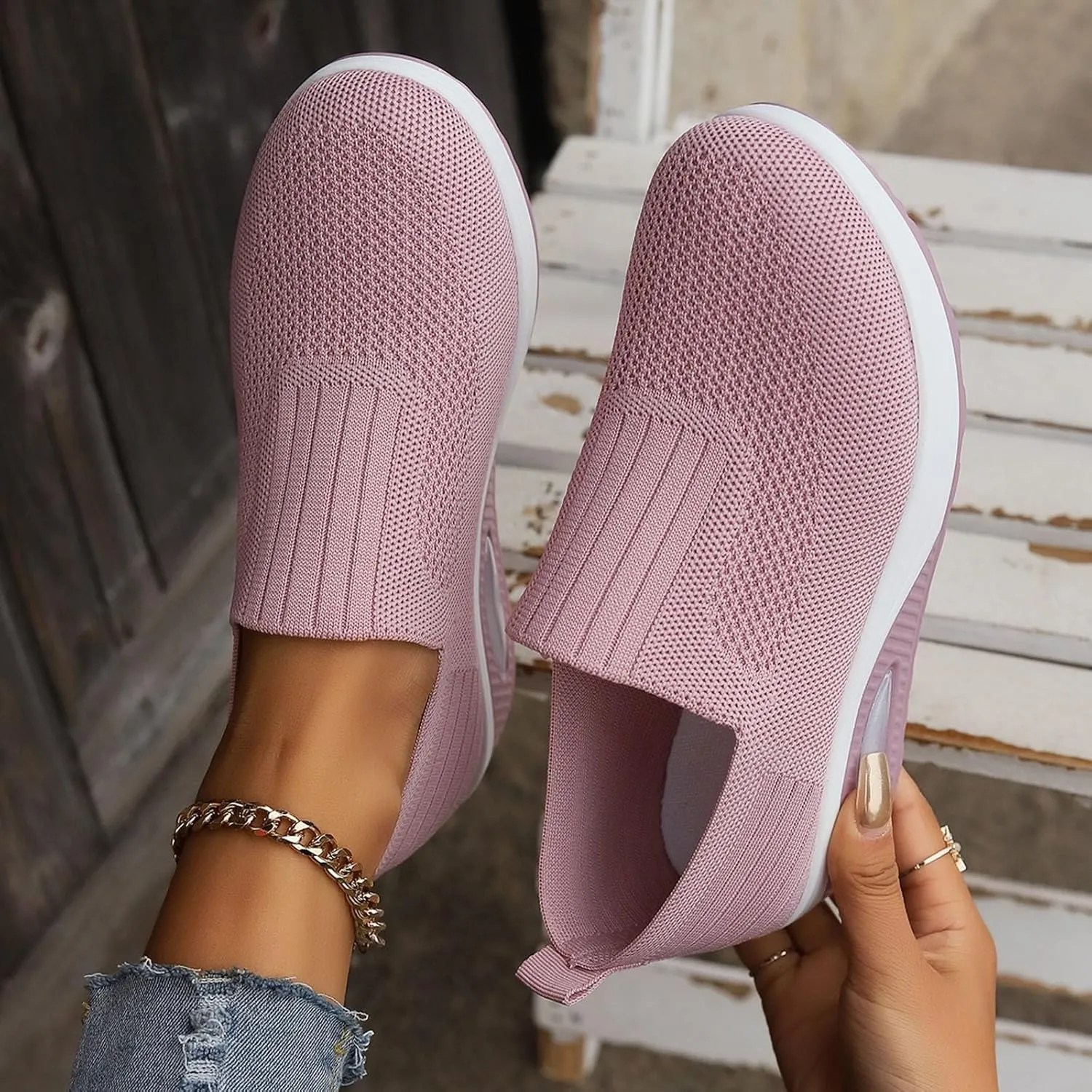 Women's Fashion Sneakers Elastic Fly Woven Mesh Shoes Breathable Solid Shoes Air Cushion Sole Cushion Shoes
