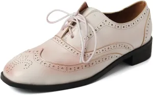 Women's Flat Saddle Oxford Shoes Square Toe Wingtip Perforated Lace Up Comfort Low Heel Oxfords Brogues