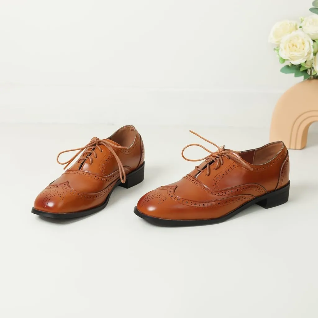 Women's Flat Saddle Oxford Shoes Square Toe Wingtip Perforated Lace Up Comfort Low Heel Oxfords Brogues