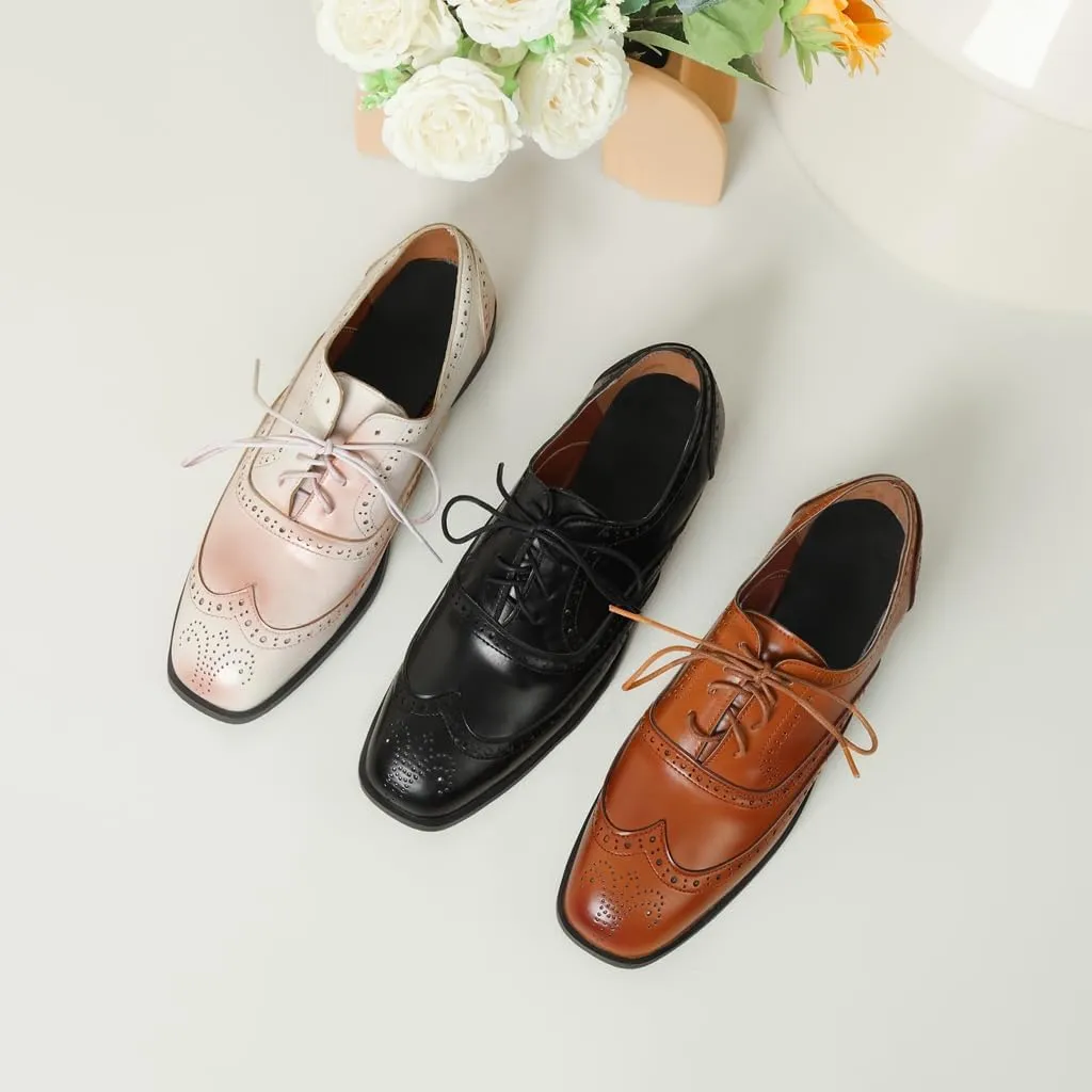 Women's Flat Saddle Oxford Shoes Square Toe Wingtip Perforated Lace Up Comfort Low Heel Oxfords Brogues
