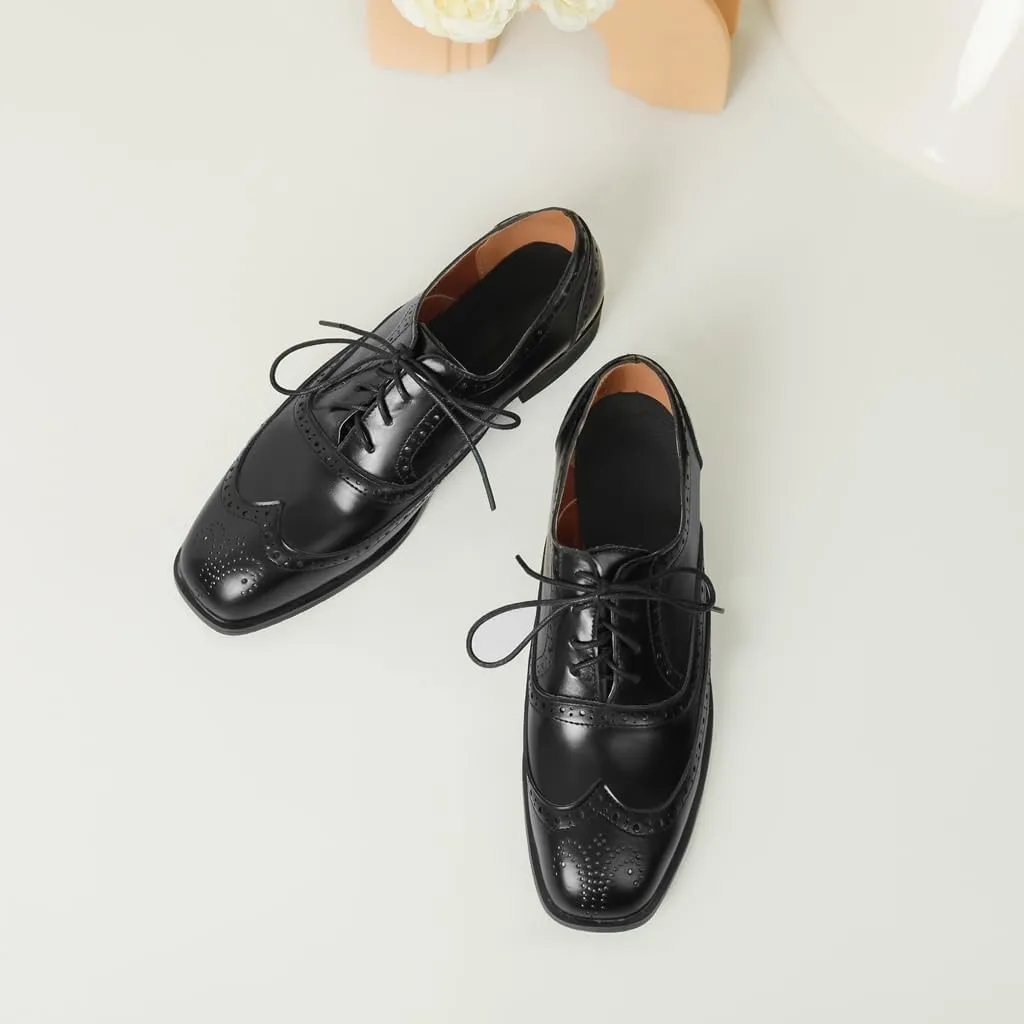 Women's Flat Saddle Oxford Shoes Square Toe Wingtip Perforated Lace Up Comfort Low Heel Oxfords Brogues