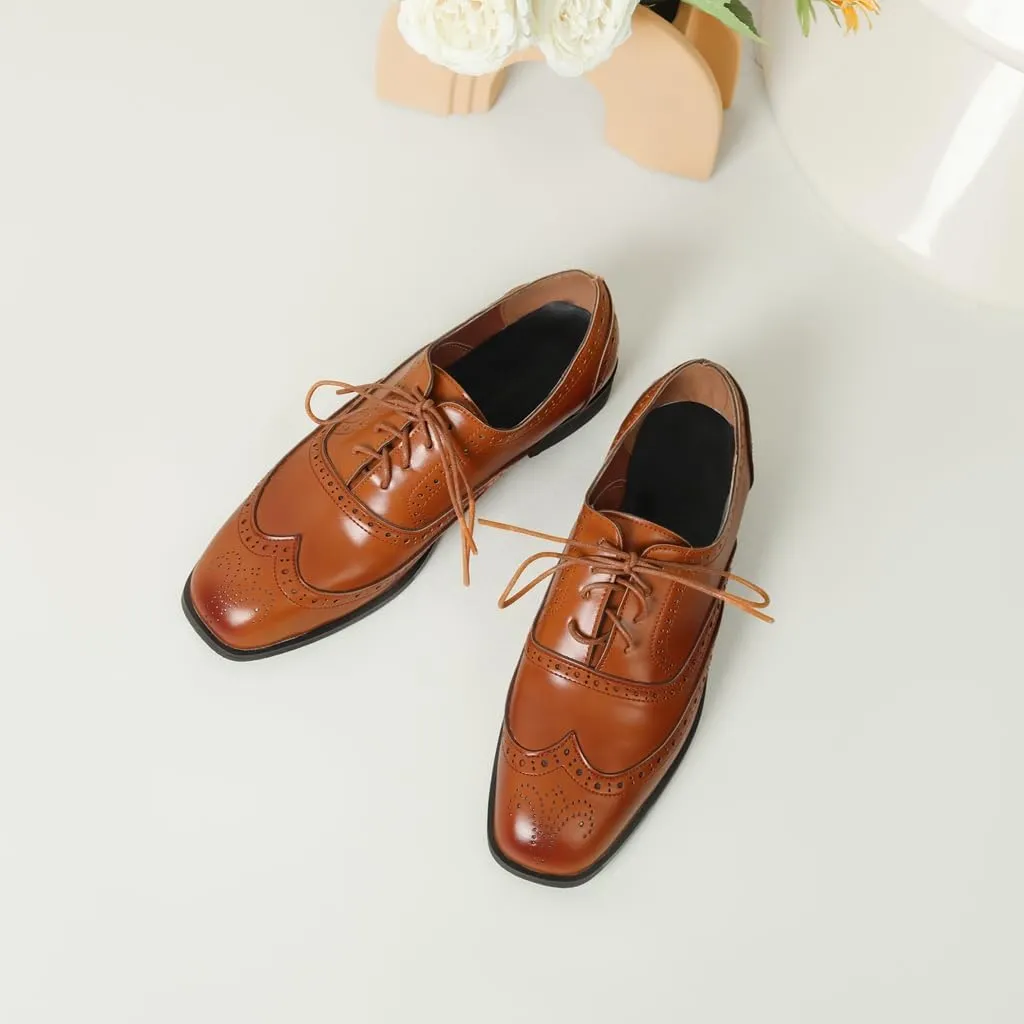 Women's Flat Saddle Oxford Shoes Square Toe Wingtip Perforated Lace Up Comfort Low Heel Oxfords Brogues