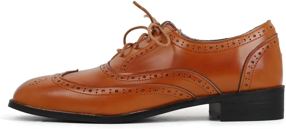 Women's Flat Saddle Oxford Shoes Square Toe Wingtip Perforated Lace Up Comfort Low Heel Oxfords Brogues