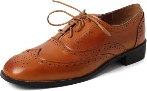 Women's Flat Saddle Oxford Shoes Square Toe Wingtip Perforated Lace Up Comfort Low Heel Oxfords Brogues