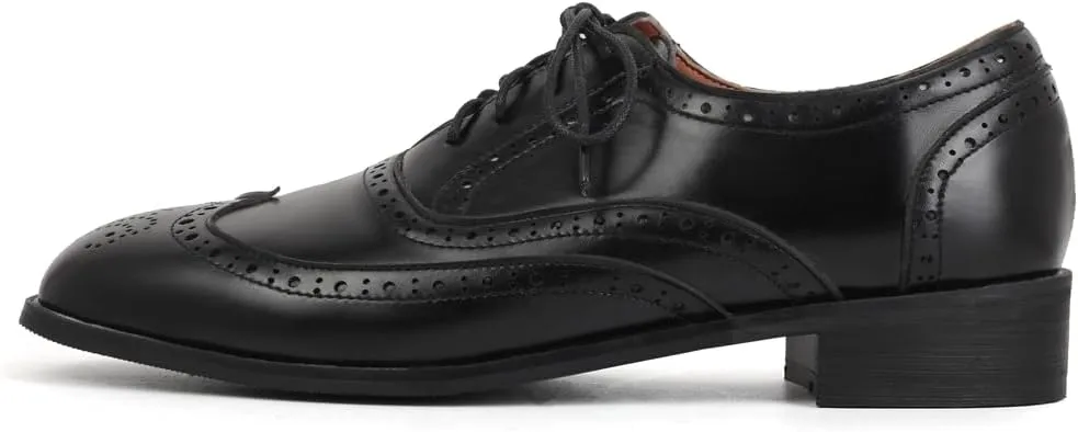 Women's Flat Saddle Oxford Shoes Square Toe Wingtip Perforated Lace Up Comfort Low Heel Oxfords Brogues