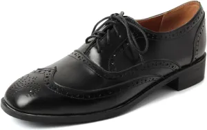 Women's Flat Saddle Oxford Shoes Square Toe Wingtip Perforated Lace Up Comfort Low Heel Oxfords Brogues