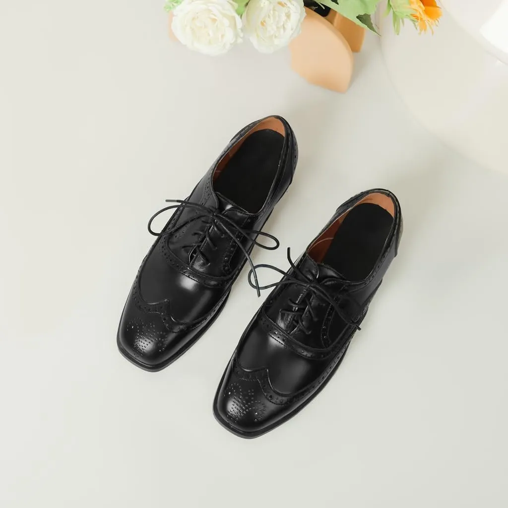 Women's Flat Saddle Oxford Shoes Square Toe Wingtip Perforated Lace Up Comfort Low Heel Oxfords Brogues