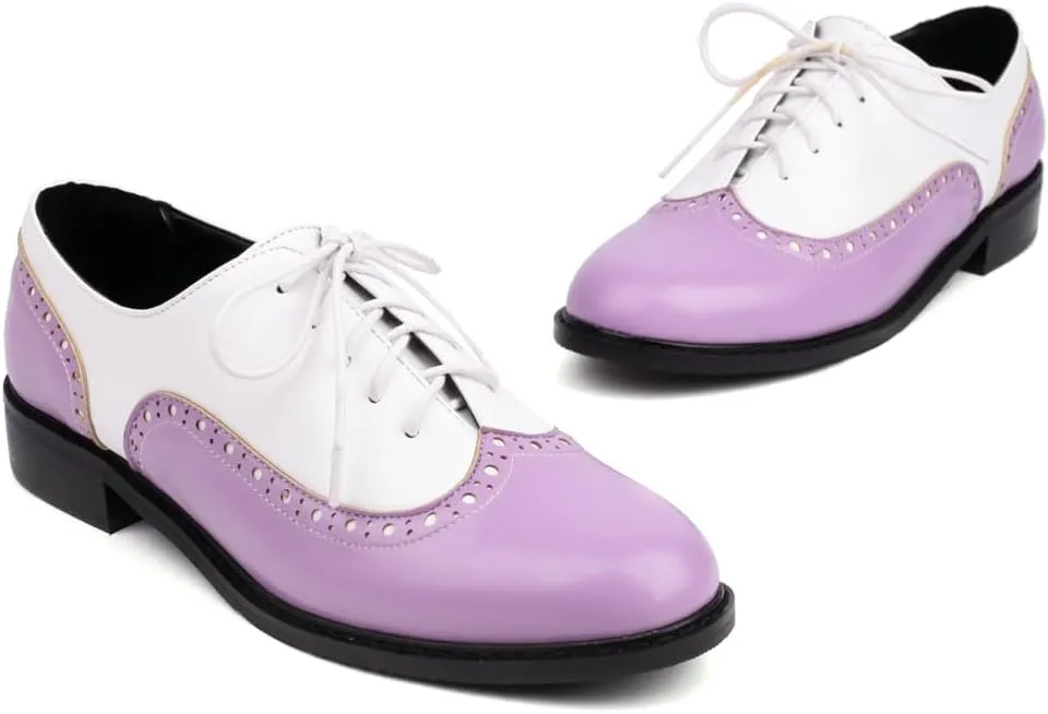 Women's Flat Saddle Oxford Shoes Two Toned Wingtip Perforated Lace Up School Uniform Oxfords Brogues