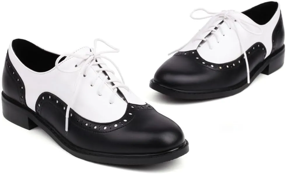 Women's Flat Saddle Oxford Shoes Two Toned Wingtip Perforated Lace Up School Uniform Oxfords Brogues