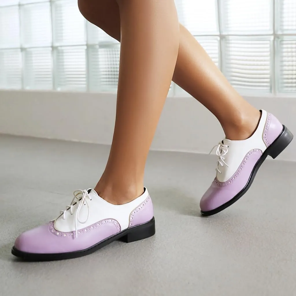 Women's Flat Saddle Oxford Shoes Two Toned Wingtip Perforated Lace Up School Uniform Oxfords Brogues