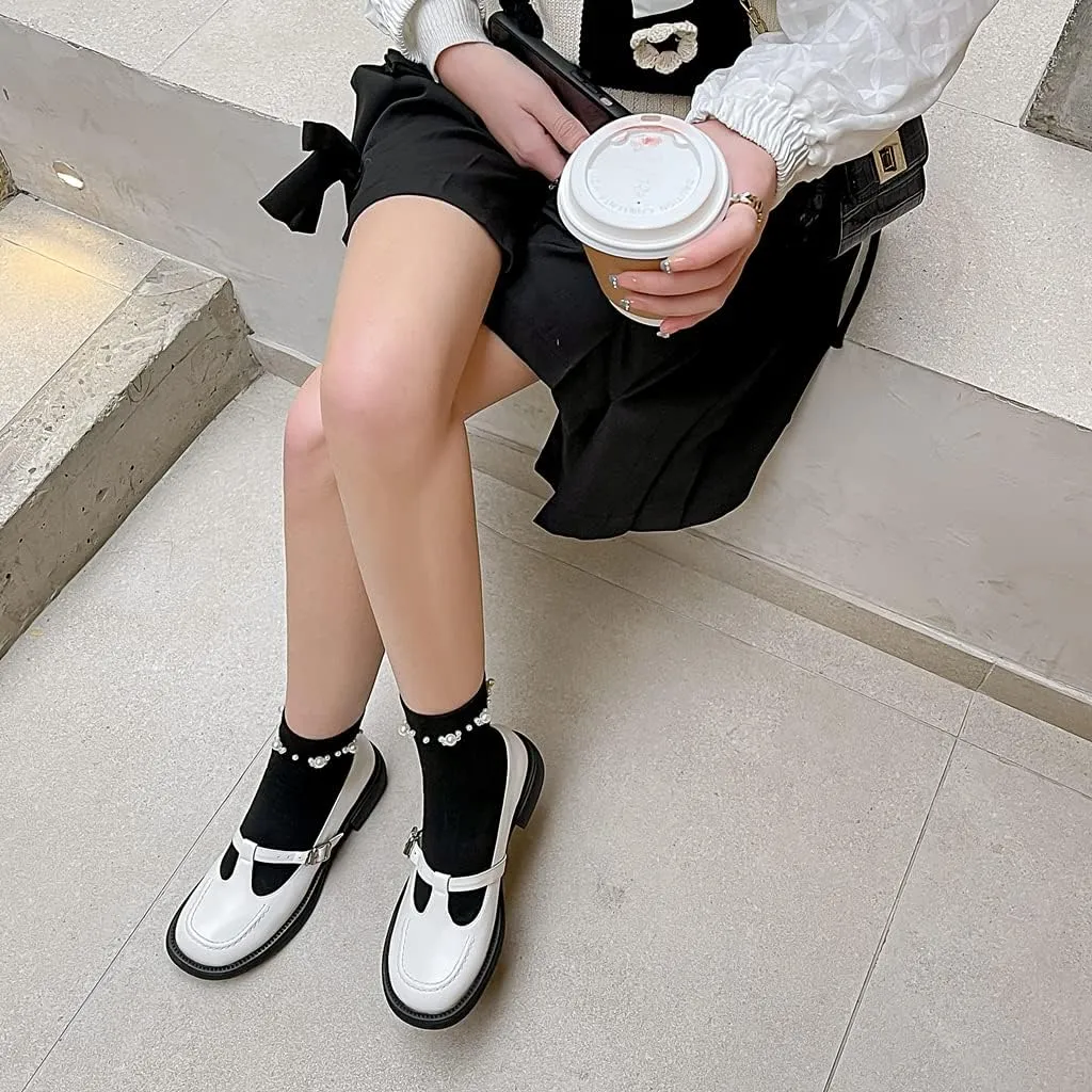 Women's Mary Jane T-Strap Oxford Shoes Flats Vintage Square Toe Leather Low Heel Girls Dress Shoe