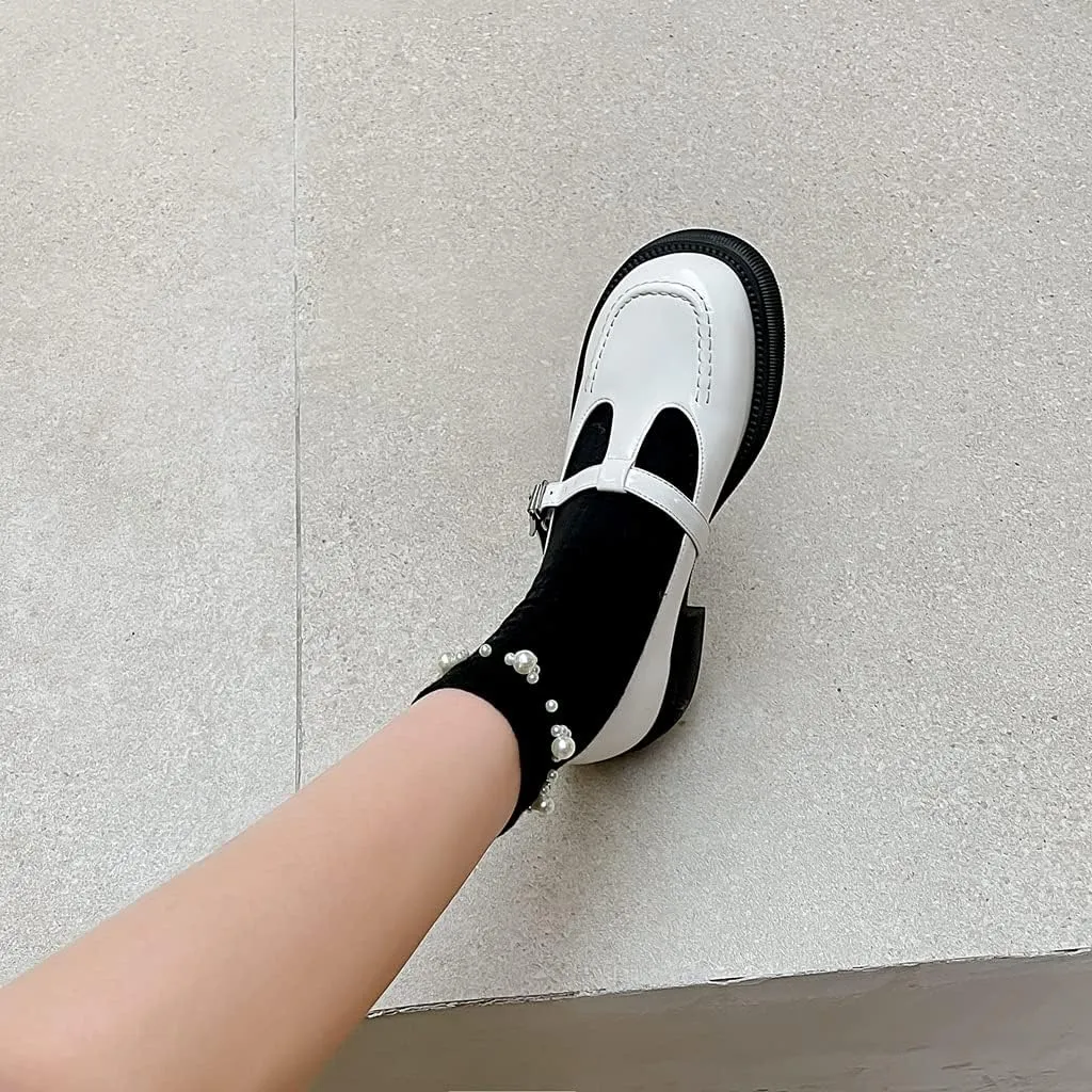 Women's Mary Jane T-Strap Oxford Shoes Flats Vintage Square Toe Leather Low Heel Girls Dress Shoe