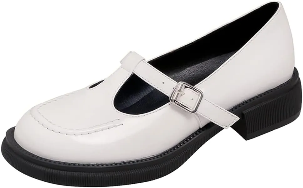 Women's Mary Jane T-Strap Oxford Shoes Flats Vintage Square Toe Leather Low Heel Girls Dress Shoe