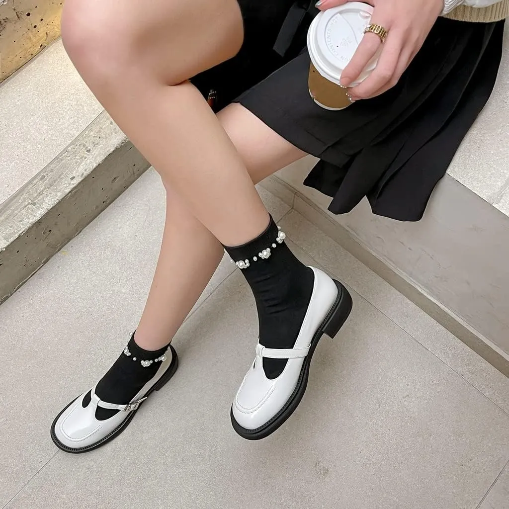 Women's Mary Jane T-Strap Oxford Shoes Flats Vintage Square Toe Leather Low Heel Girls Dress Shoe