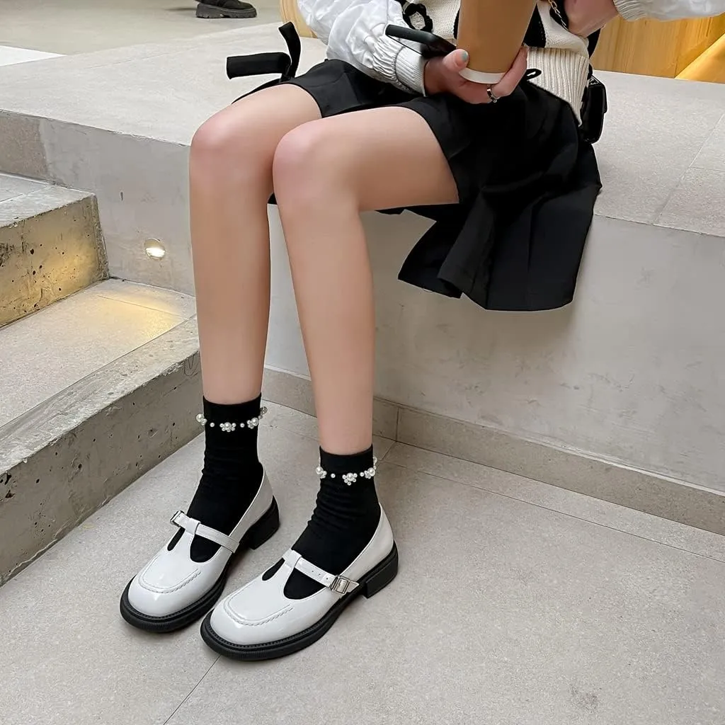 Women's Mary Jane T-Strap Oxford Shoes Flats Vintage Square Toe Leather Low Heel Girls Dress Shoe