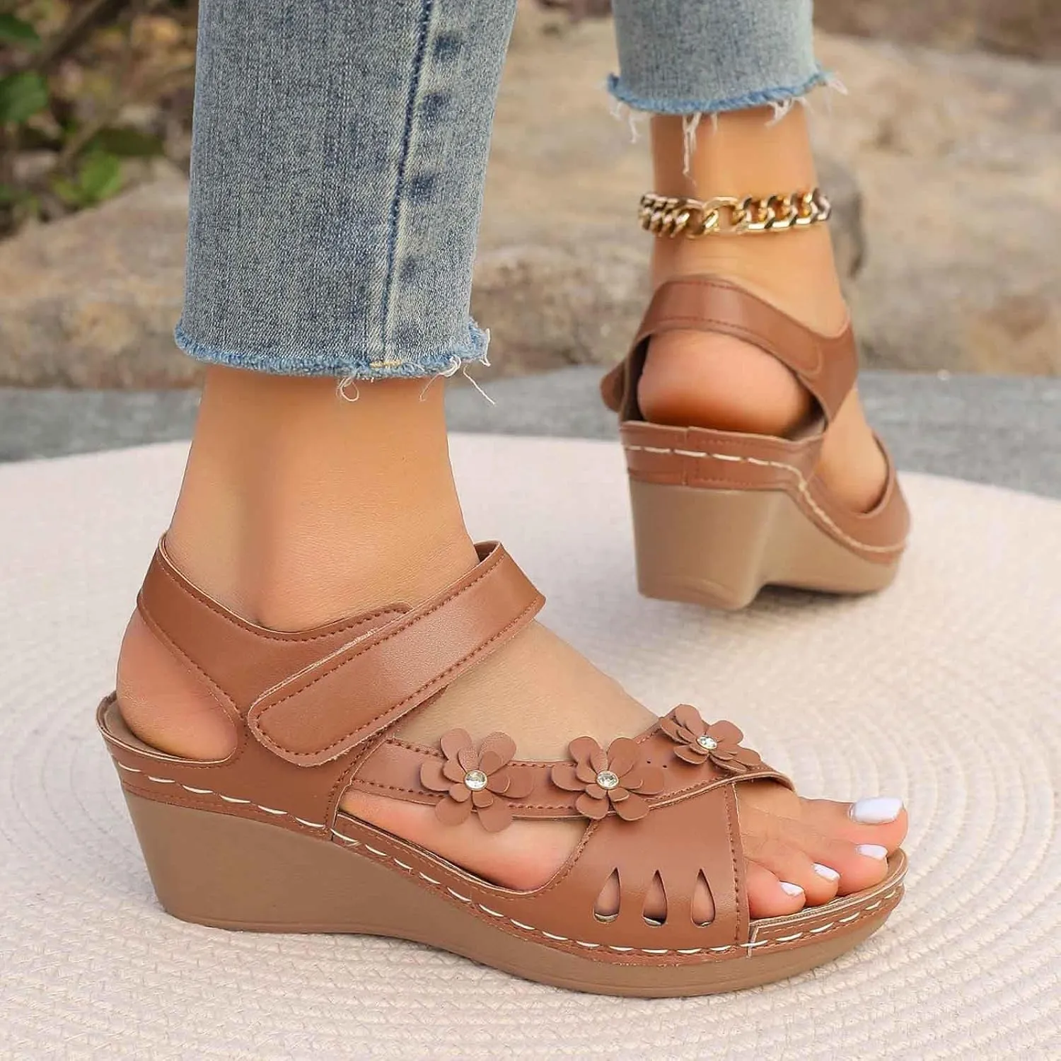 Women's Slip On Wedge Sandals Comfortable Dressy Casual Open Toe Platform Footwear for Summer Spring Fall Lightweight Breathable Slip