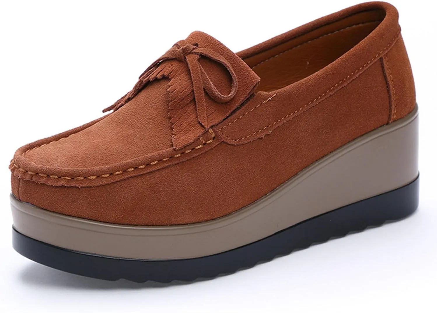 Women's Tassel Bow Wedge Loafers Comfortable Thick-Soled Soft Walking Shoes