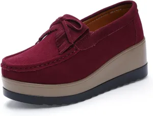 Women's Tassel Bow Wedge Loafers Comfortable Thick-Soled Soft Walking Shoes