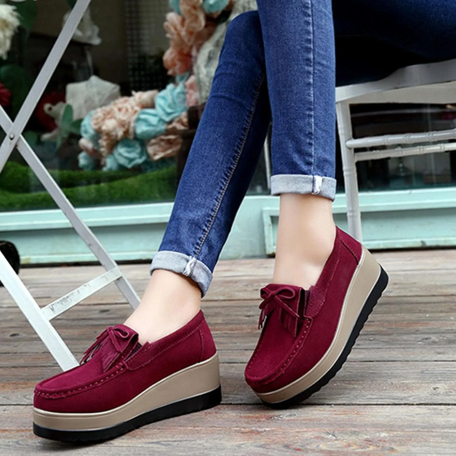 Women's Tassel Bow Wedge Loafers Comfortable Thick-Soled Soft Walking Shoes