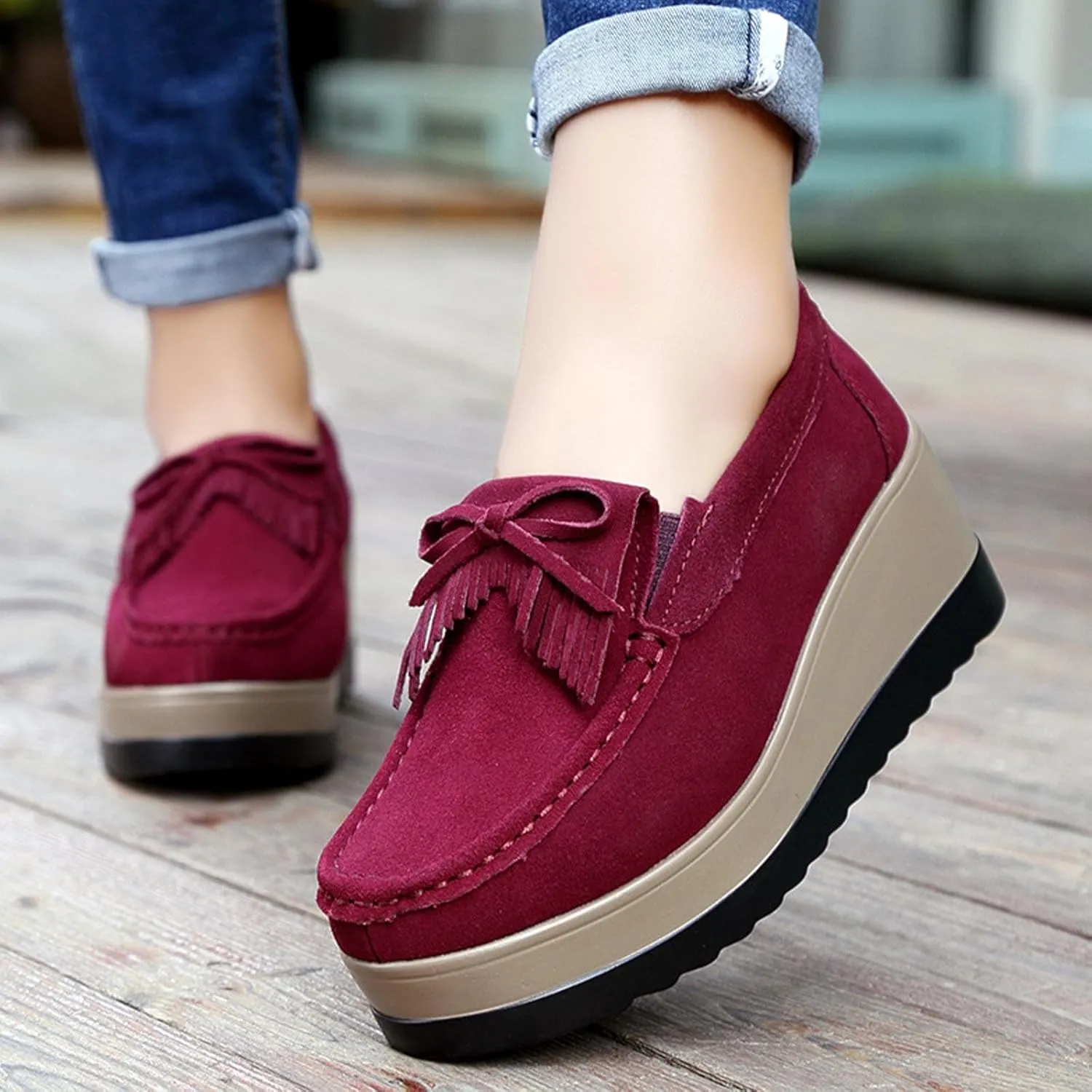 Women's Tassel Bow Wedge Loafers Comfortable Thick-Soled Soft Walking Shoes