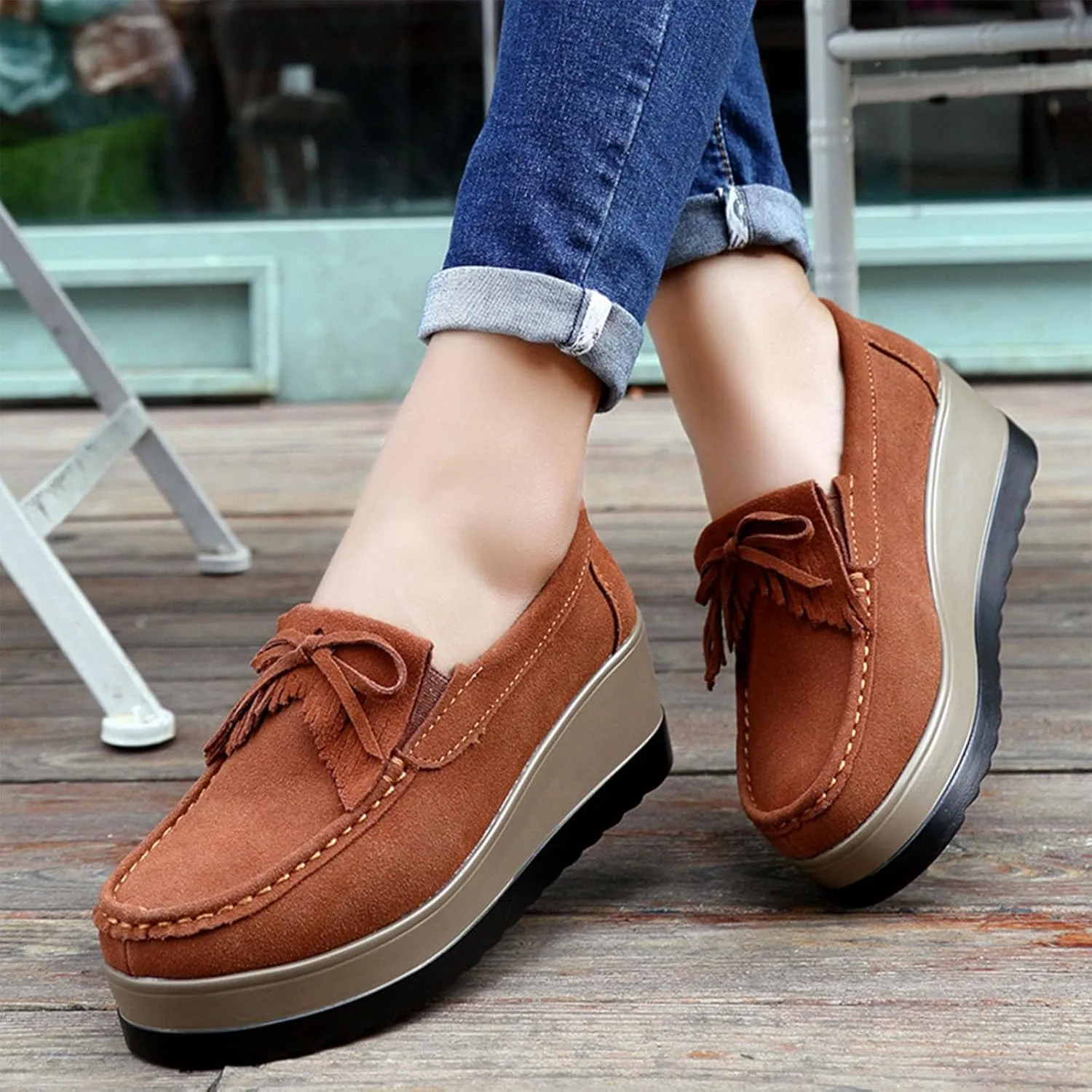 Women's Tassel Bow Wedge Loafers Comfortable Thick-Soled Soft Walking Shoes