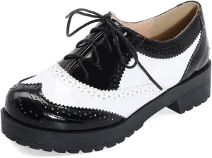 Women's Two Tone Flat Oxfords Shoes Lace Up Wingtip Perforated Low Heel Vintage Saddle Oxford Brogues