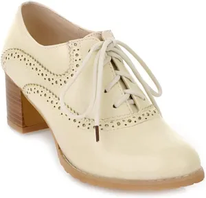 Women's Vintage Lace Up Pump Oxfords Round Toe Two Tone Wingtip Block Low Heel Brogues Dress Shoes