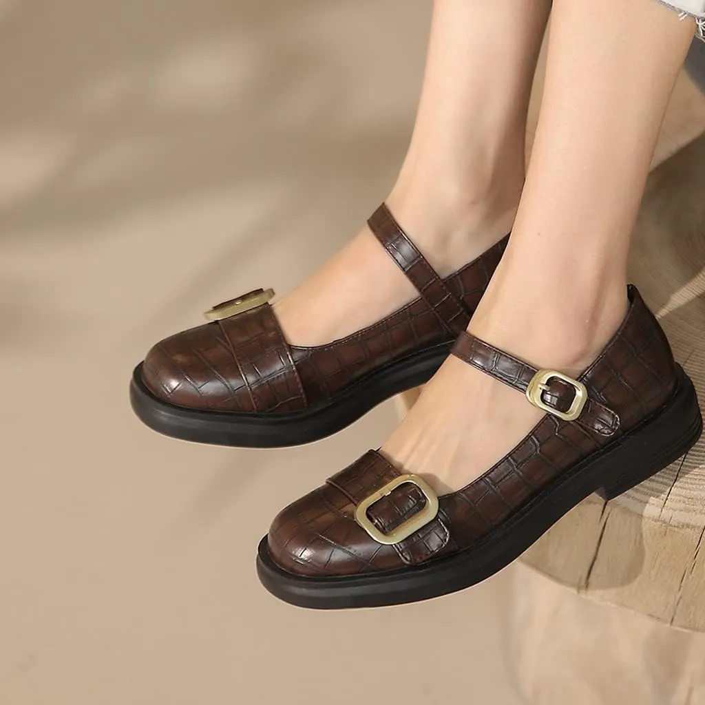 Women's Vintage Mary Jane Oxford Shoes Flats Round Toe Leather Buckle Strap Low Heel Girls Dress Shoe
