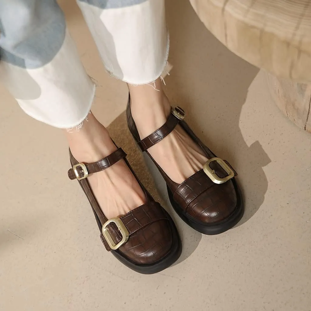 Women's Vintage Mary Jane Oxford Shoes Flats Round Toe Leather Buckle Strap Low Heel Girls Dress Shoe