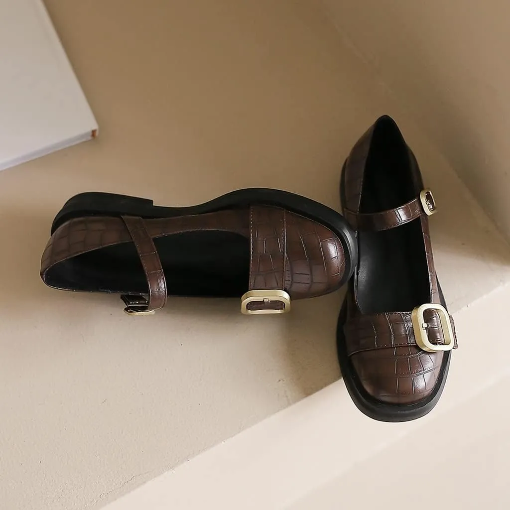 Women's Vintage Mary Jane Oxford Shoes Flats Round Toe Leather Buckle Strap Low Heel Girls Dress Shoe