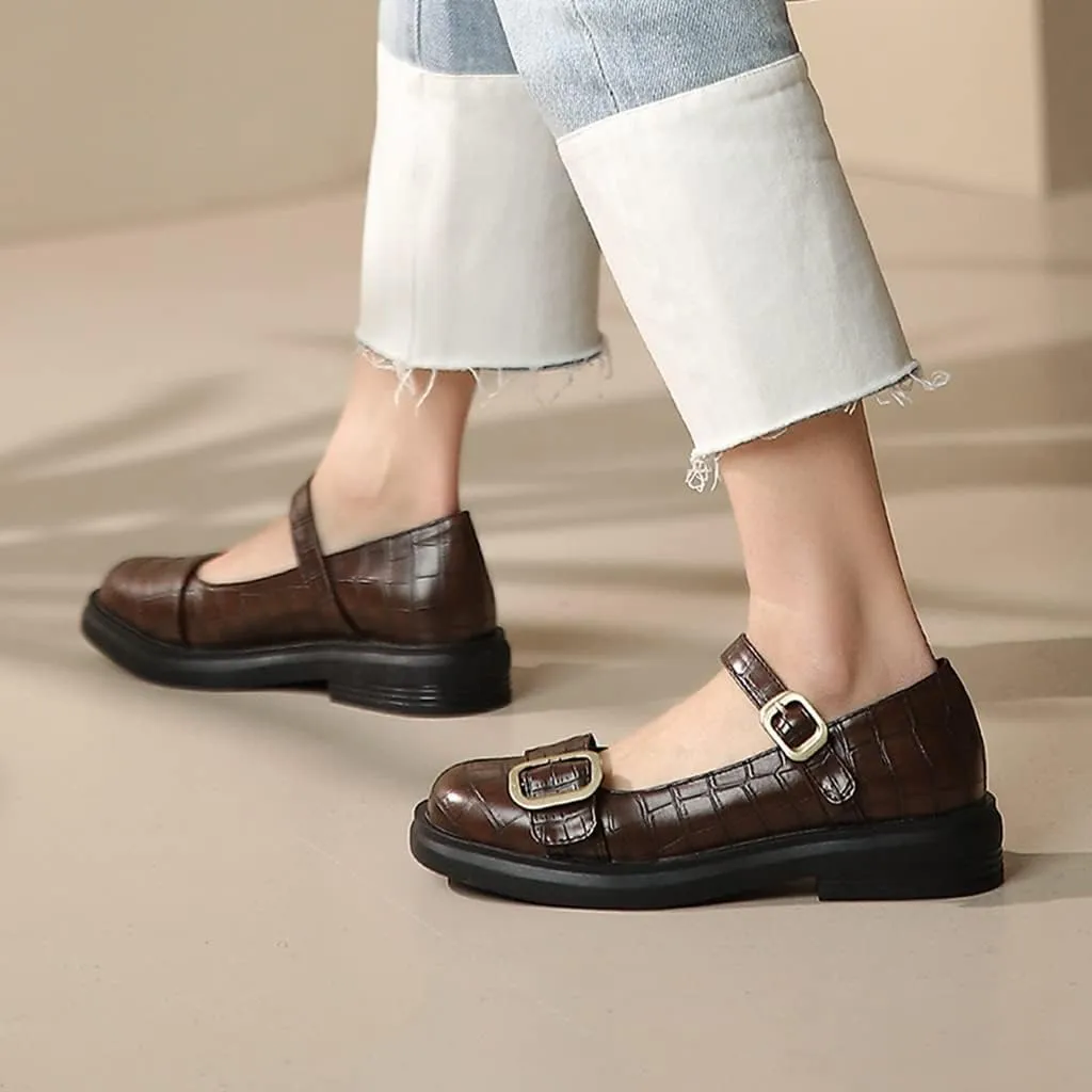 Women's Vintage Mary Jane Oxford Shoes Flats Round Toe Leather Buckle Strap Low Heel Girls Dress Shoe