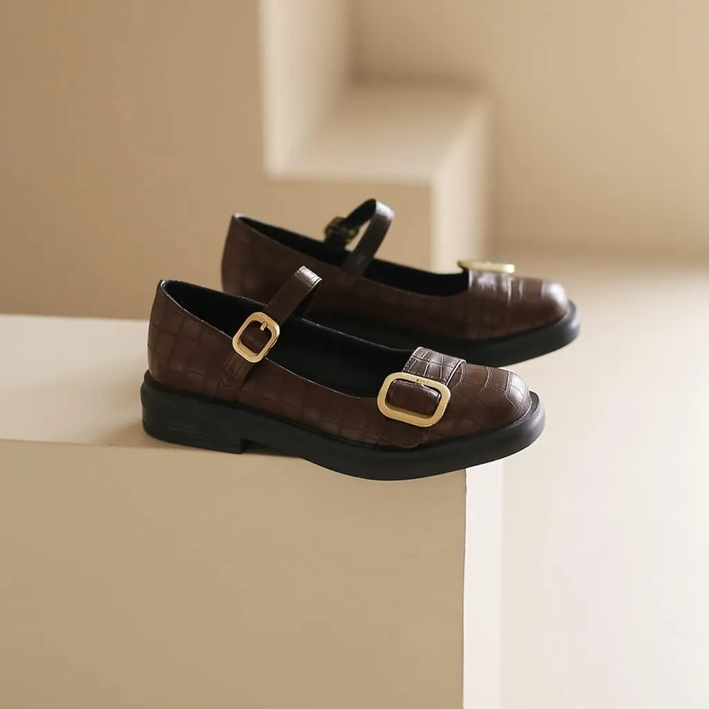 Women's Vintage Mary Jane Oxford Shoes Flats Round Toe Leather Buckle Strap Low Heel Girls Dress Shoe