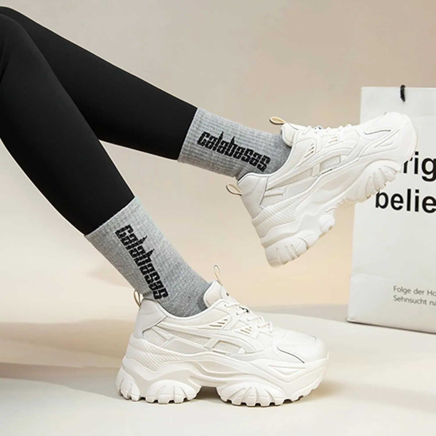 Women's Vintage Mesh Platform Sneakers - Chunky Breathable Trainers for Casual Spring/Autumn Running Shoes - Fashionable and Simple,White-37