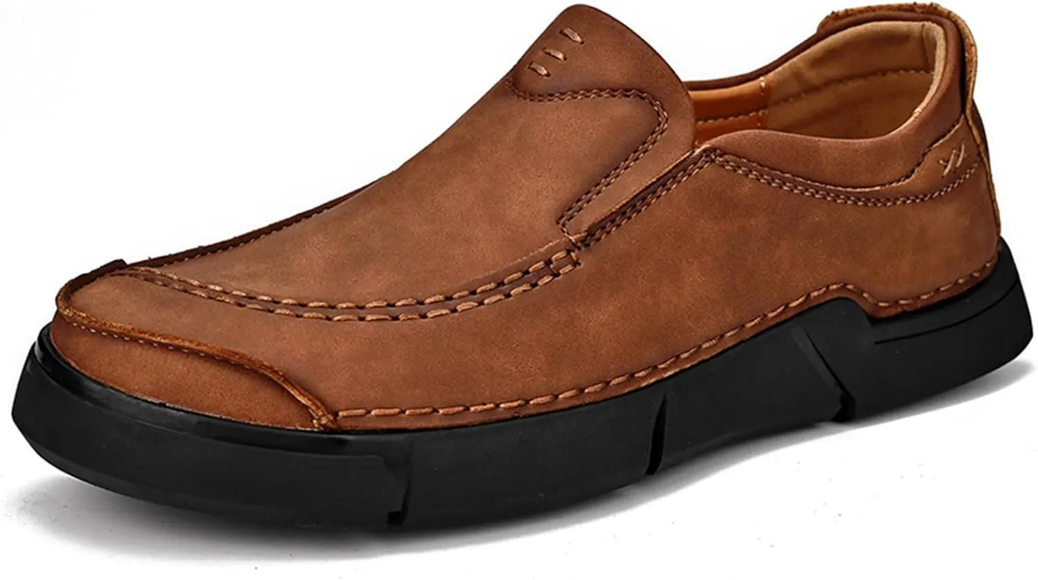 Yuizko Men's Leather Slip-On Casual Loafers Hand Stitching Wide Toe Soft Non-Slip Flat Work Office Walking Driving Shoes