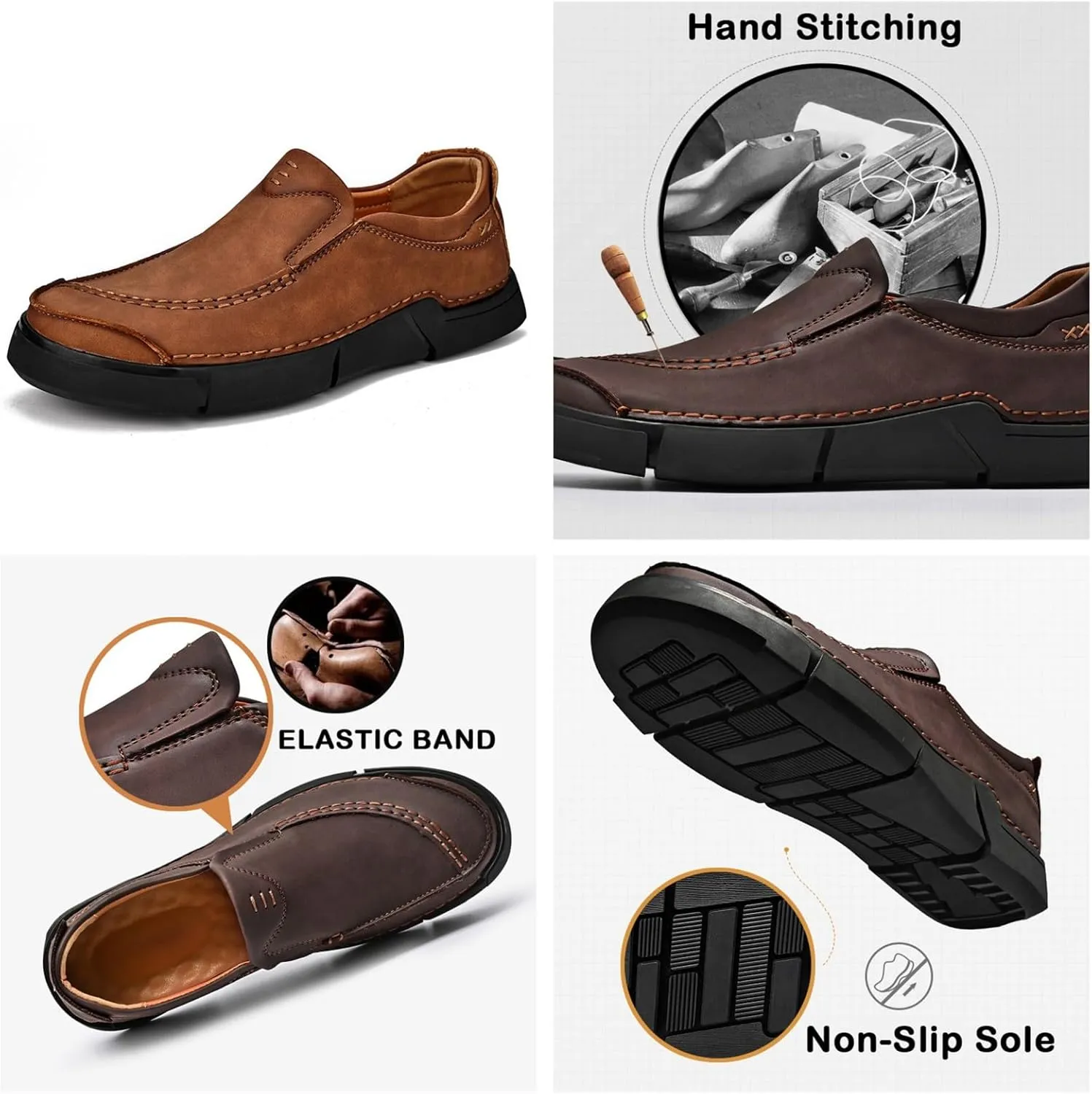 Yuizko Men's Leather Slip-On Casual Loafers Hand Stitching Wide Toe Soft Non-Slip Flat Work Office Walking Driving Shoes