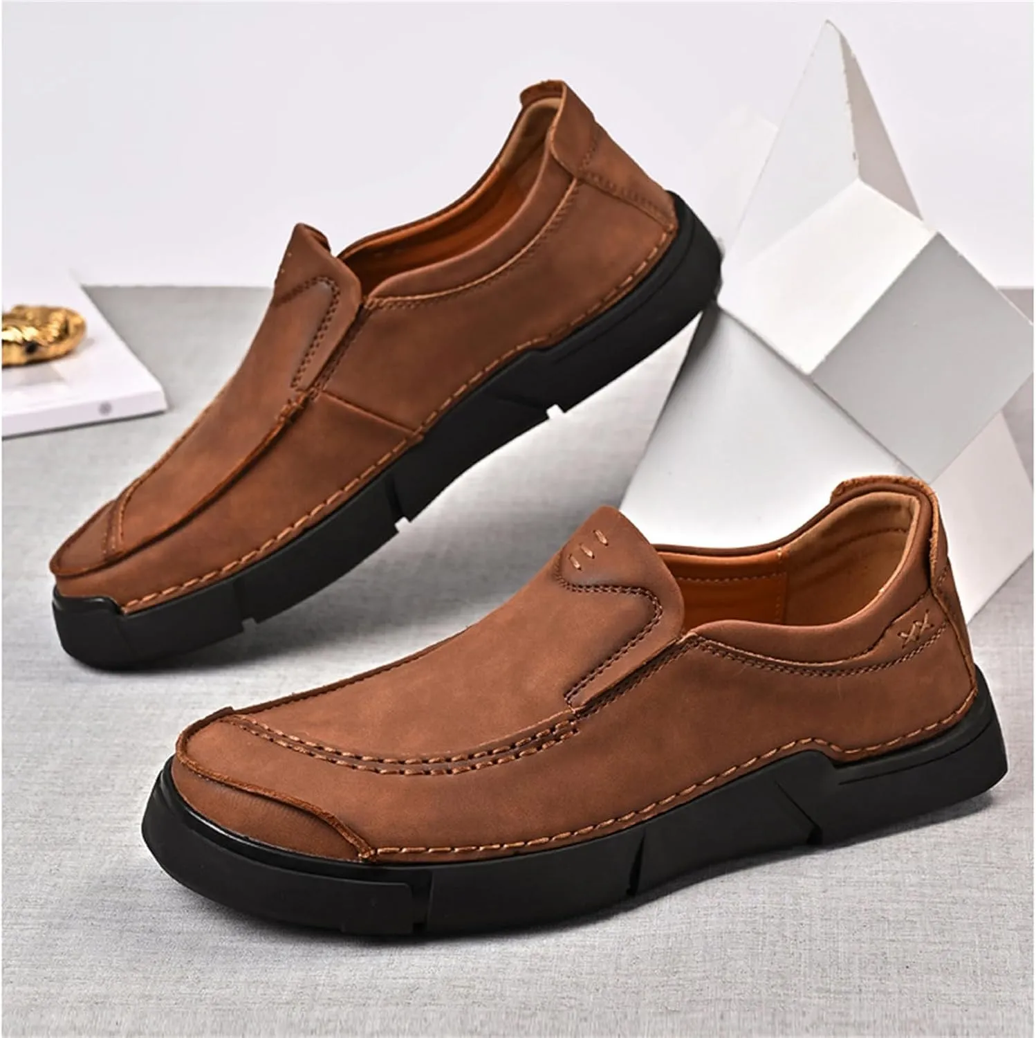 Yuizko Men's Leather Slip-On Casual Loafers Hand Stitching Wide Toe Soft Non-Slip Flat Work Office Walking Driving Shoes